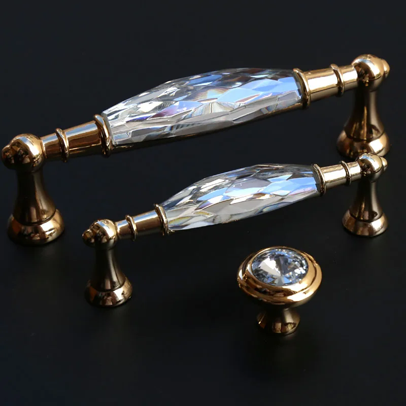 

96mm 128mm modern fashion deluxe k9 clear crystal kitchen cabinet wine cabinet door handles golden drawer tv cabinet knobs pulls