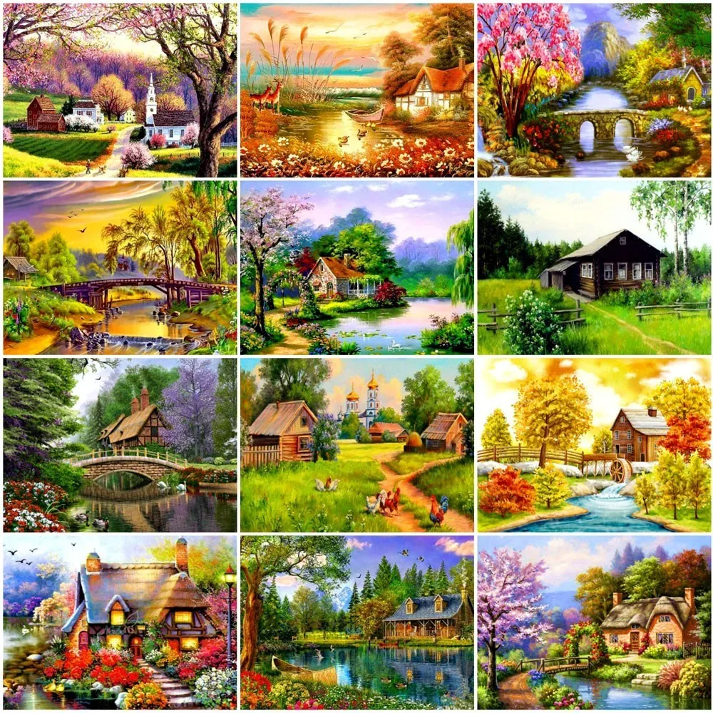 

AZQSD Diamond Mosaic Spring Scenery Diamond Painting DIY Full Square Round Diamond Embroidery Rhinestone Home Decoration