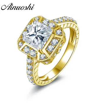 

AINUOSHI Luxury Vintage Square Ring 14K Solid White/Yellow Gold Pave Setting Princess Cut Sona Diamond Wedding Engagement Ring