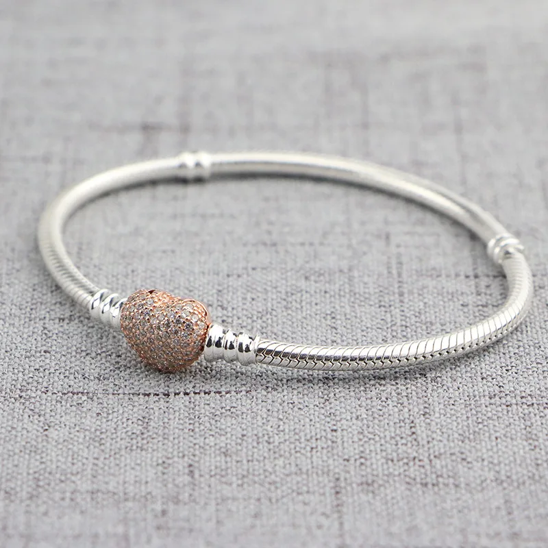 

100% 925 Sterling Silver Basic Chain Rose Gold Heart Snake Clasp Bracelets Fit Charms Beads & Pendants For Women BB021