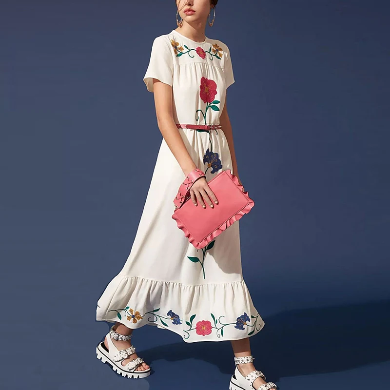 

XF 1116-8 12 2019 New Spring Fashion Designer Dress Women'S Round Neck Short Sleeve Floral Embroidery High Waist Slim Dress