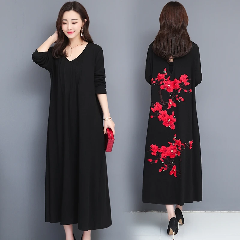 

Black Plus Size Dresses For Women 4XL 5XL V-neck Moda Femenina 2019 Long Sleeve Woman Embroidery Dress Loose Vestidos Mujer