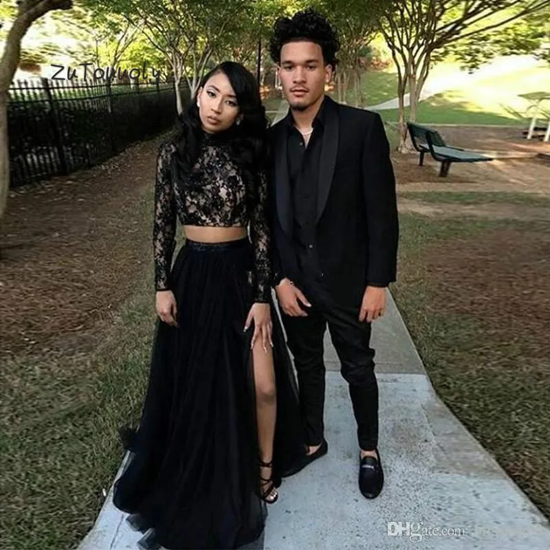 two-piece-preto-vestidos-de-baile-manga-longa
