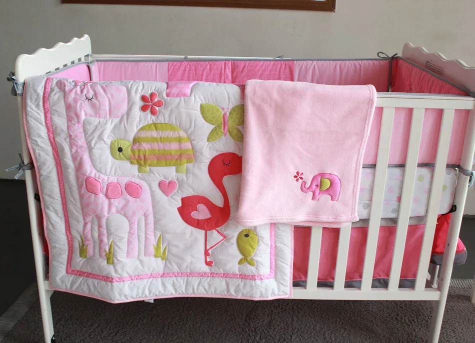 8 pcs girl baby bedding set embroidery 3D flamingos quilt bedskirt