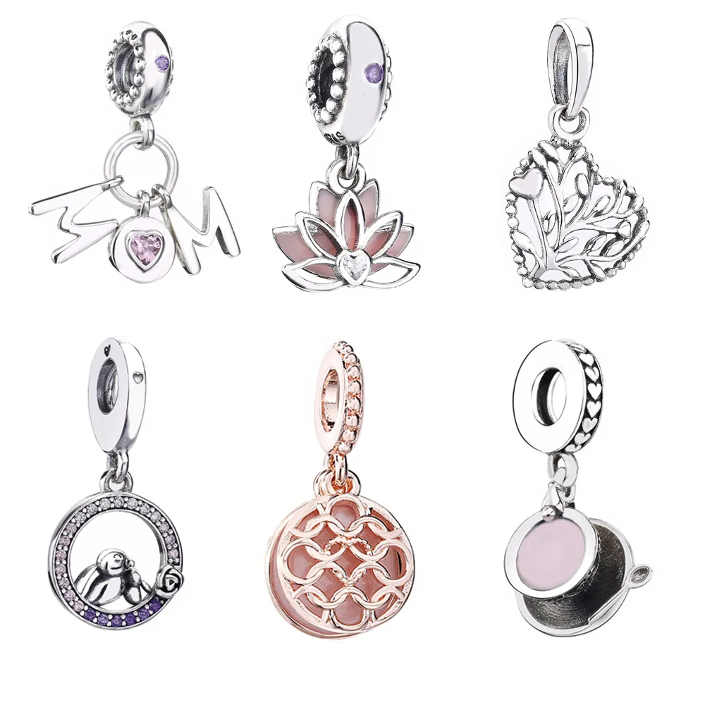 

Slovecabin 925 Sterling Silver 2018 Family Rose Dangle Charm Silver Enamel Cyan Blue Pendant Charms for Jewelry Making Bracelet