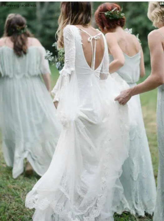Lace Deep V Neck Beach Boho Wedding Dresses Long Sleeve Open Back vestidos de novia Bohemian Bridal Gown Country Bride Dress BC0492  132 (2)