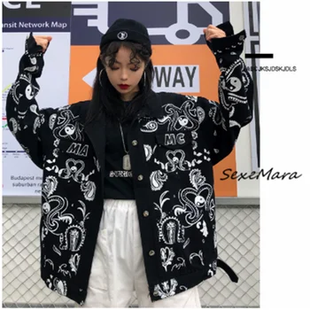 

Vintage Black Spring Print Denim Jacket Women Loose Regual Fashion Denim Jacket Plus Size 2019