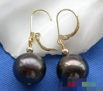 

free shipping 00059 round Tahitian black FRESHWATER PEARL DANGLE EARRING