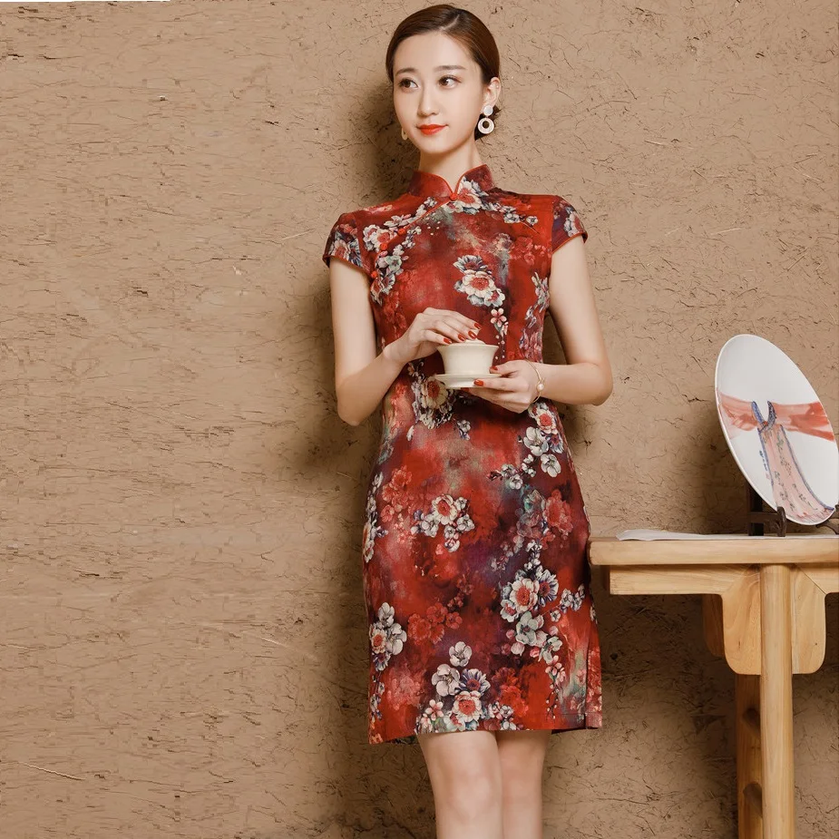 Chinese Dress Qipao Short Big Size 2018 Summer Autumn Party Linen-Silk Vestido Oriental Red 5XL 3XL 4XL (23)