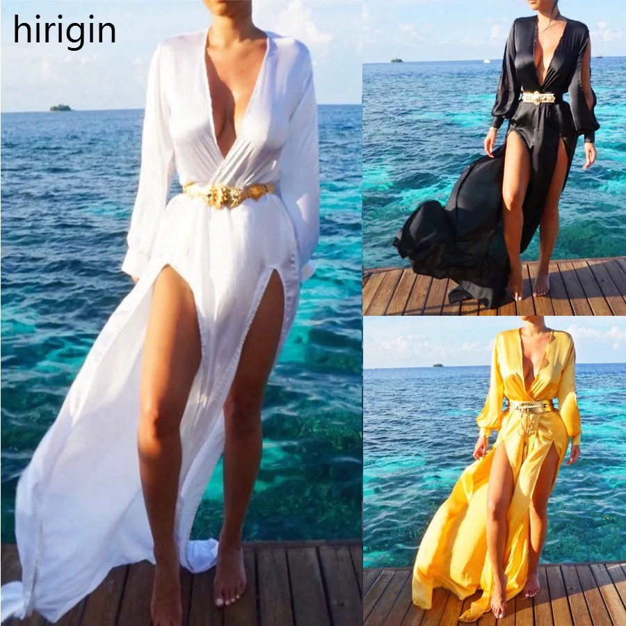 

Women Summer Solid Beach Dress Bikini Cover Up Maxi Long Party Dress Low Cut split Sundress Cover-Ups swimwear Bating Suit Black