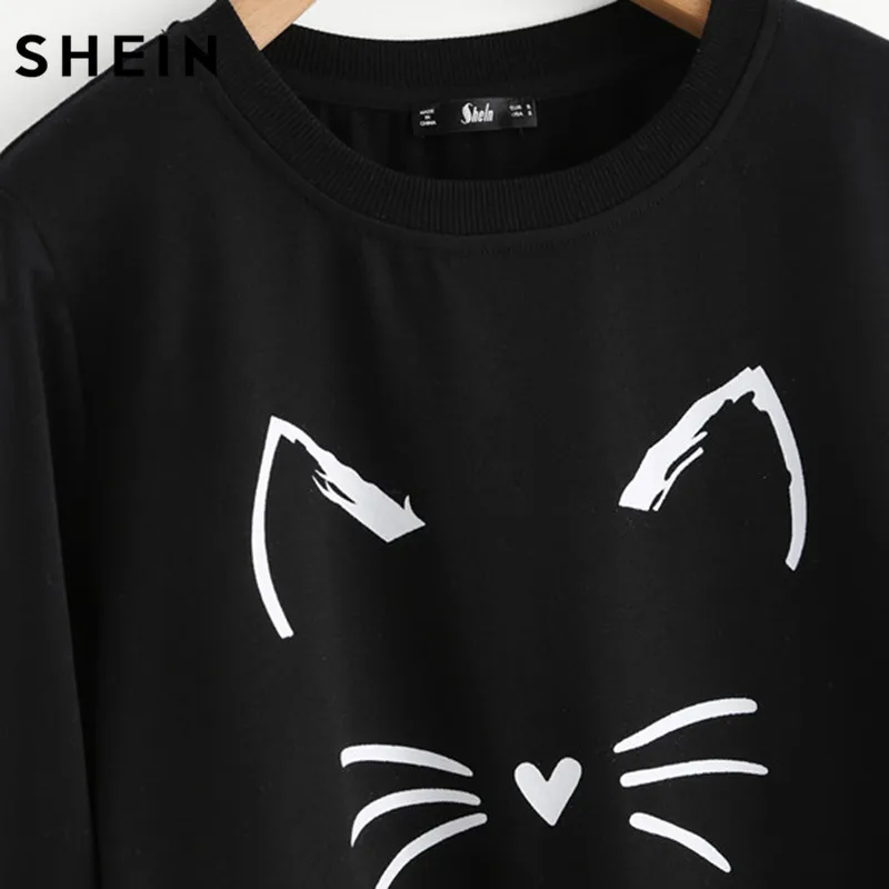 Shein الكرتون القط طباعة البلوز طويلة الأكمام عارضة النساء البلوفرات الأسود جولة الرقبة لطيف البلوز للنساء