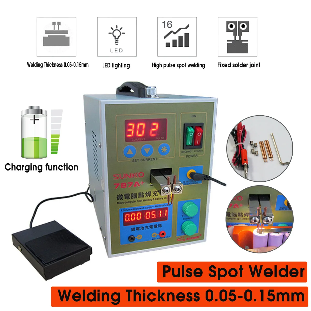 

787A+ LED Pulses Battery Spot Welding Machine Micro-computer 18650 Micro Welding With Nickel+Battery Clamp EU220V 1.3W