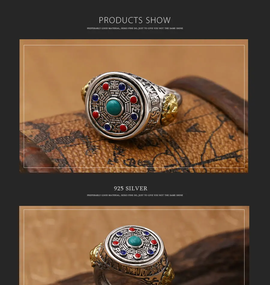 Мозаичный регулируемый размер кольцо с камнем Настоящее 925 пробы серебряные ювелирные изделия для мужчин и женщин этнические счастливые сплетни вращающееся кольцо R104