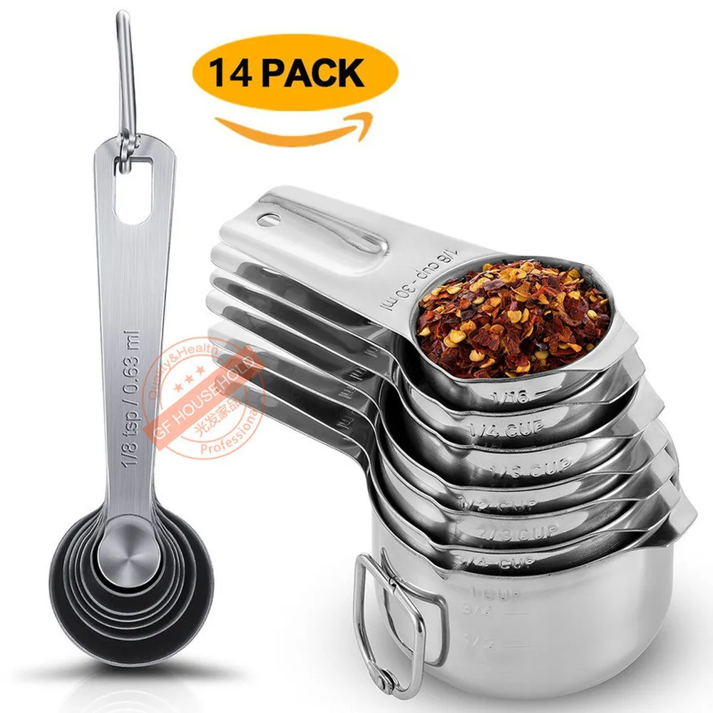 

Stainless Steel Measuring Cups and Spoons Set: 7 Cup 7 Spoon Metal Sets of 14 for Dry Measurement Kitchen Gadget Tool for Baking