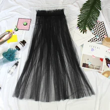 Летние женские длинные юбки для дам японские Бохо сексуальные Офисные пляжные с высокой талией Прозрачные тюлевые плиссированные сетчатые кружевные черные миди юбки