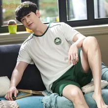 Мужские пижамные наборы, костюмы для отдыха, комплект из 2 предметов, хлопок, белый топ, зеленые шорты, пижамный комплект, Летняя короткая ночная одежда, хлопковая одежда для сна