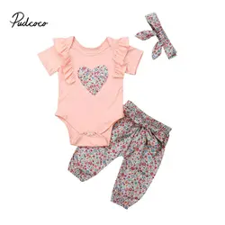 Ensemble de vêtements pour bébés filles, barboteuse + pantalon + bandeau, motif Floral, cœur, manches courtes, pour nouveau né, 2021 