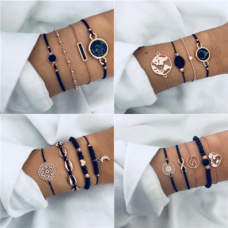 

Modyle 2019 New 33 Styles 4 pcs/set Bohemia Rose Gold Color Black Stone Bracelet Set Fashion Jewelry for Woman Dropshipping