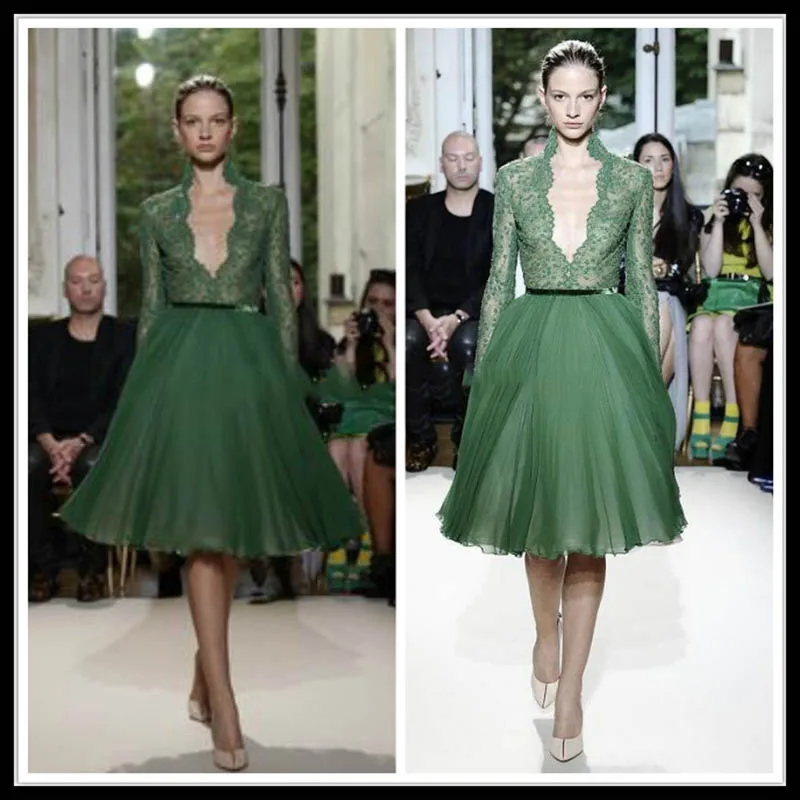 

Vestido De Festa Green Short Cocktail Dresses Deep V Neck See Through Lace Bodice Knee Length Tulle Celebity Party Gowns