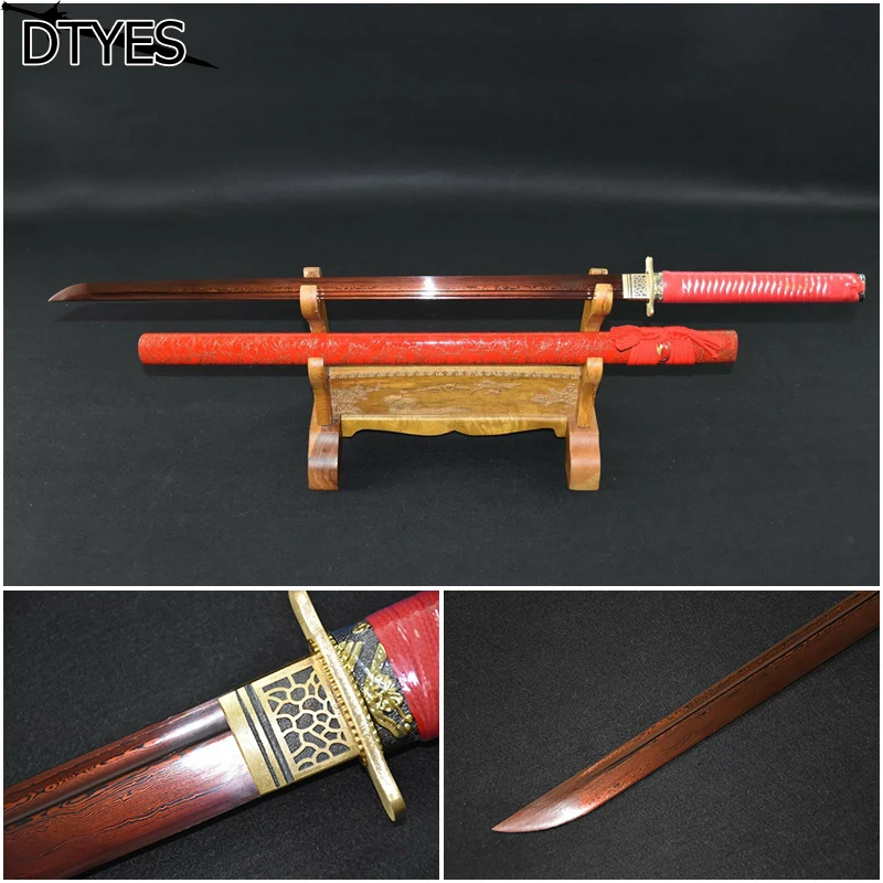 

Japanese Katanas Calidad Pattern Steel Espada Katana Samurai Handmade Copper Tsuba Red Scabbard Katana Sword Battle Ready