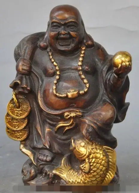 

S00742 Chinese bronze gilt fish money coin wealth happy Lucky Maitreya Buddha statue (A0321)