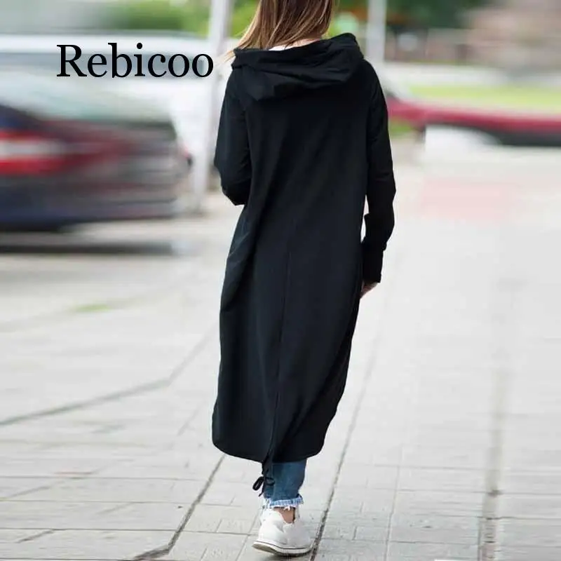Rebicoo  Fashion Long Sleeve Hooded Trench Coat 2019 Autumn Black Zipper Plus Size 5XL Velvet Long Coat Women Overcoat Clothes