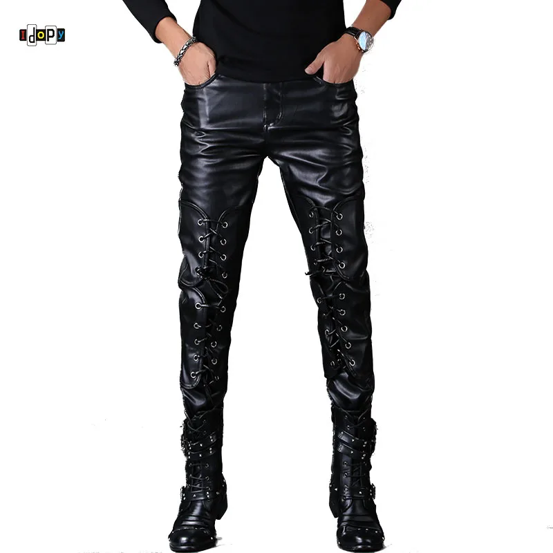 Idopy новые мужские узкие брюки из искусственной кожи на шнуровке мотоциклетные черные облегающие байкерские кожаные брюки готические брюки для мужчин