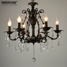 Vintage Black Crystal Pendant Light Fixture 6 lights American Wrought Iron Pendant Lamp Suspension Hanging Drop Light