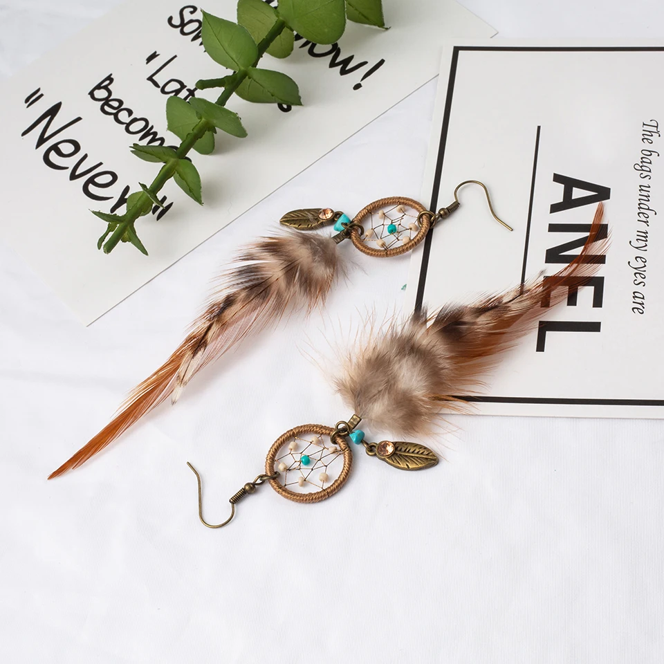 2019 Dream Catcher Alloy Feather Drop Earrings For Women Boho Handmade Fashion Long Feather Earring Charm Party Jewellery Gift
