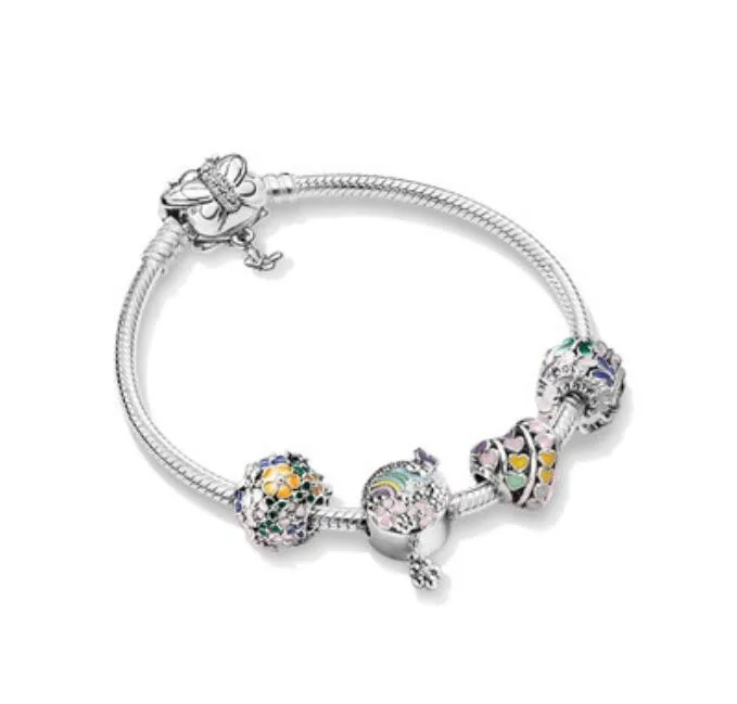 

Original 925 Sterling Silver Moments Flower Colour Story Decorative Butterfly Clasp Pan Bracelet Fit Bead Charm Diy Jewelry