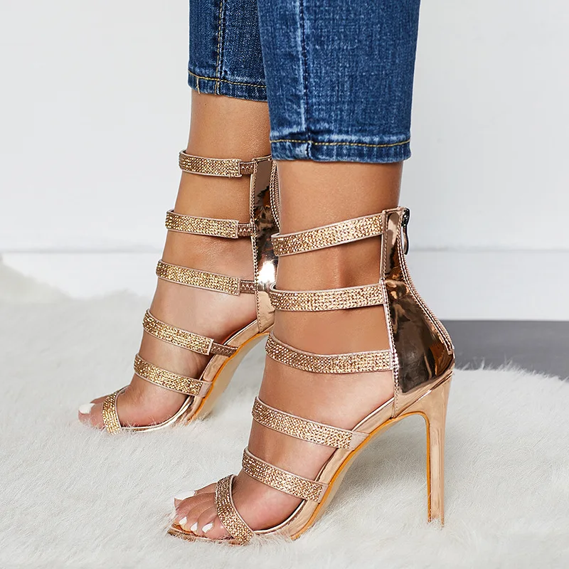 

Women Sandals Zipper Covered Fashion European Design Summer Spring Party Sexy Artificial Diamond Crystal High Thin Heel
