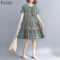 2019 плюс размер ZANZEA летнее платье женское повседневное короткий рукав цветочный хлопок и лен с принтом вечернее платье Vestidos женское платье
