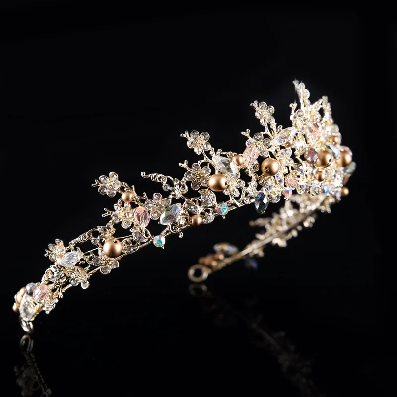 Золото барокко свадебная корона красивые цветы ветка свадебная тиара жемчуг Кристалл Головные уборы SQ0280