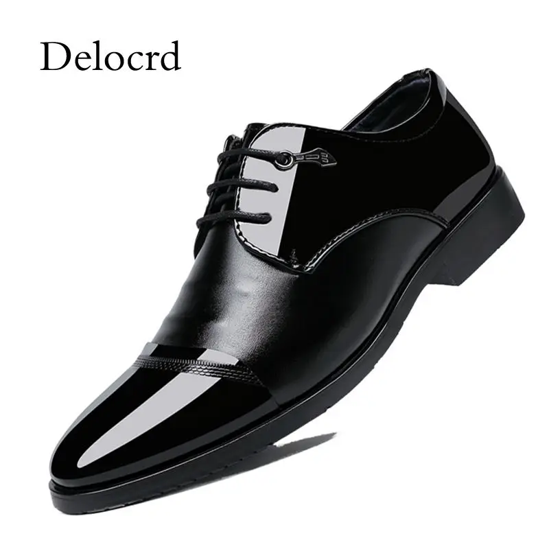 Factory Direct Sale Men Dress Shoes Pointed Toe Patent Leather Business Formal Shoes Lace Up