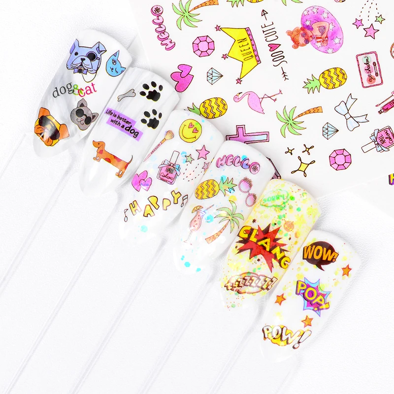 

MEET ACROSS Pink Flamingo Nail Art Sticker Glitter Flower Water Decal Slider Wraps Mixed Design Manicure DIY Decoration