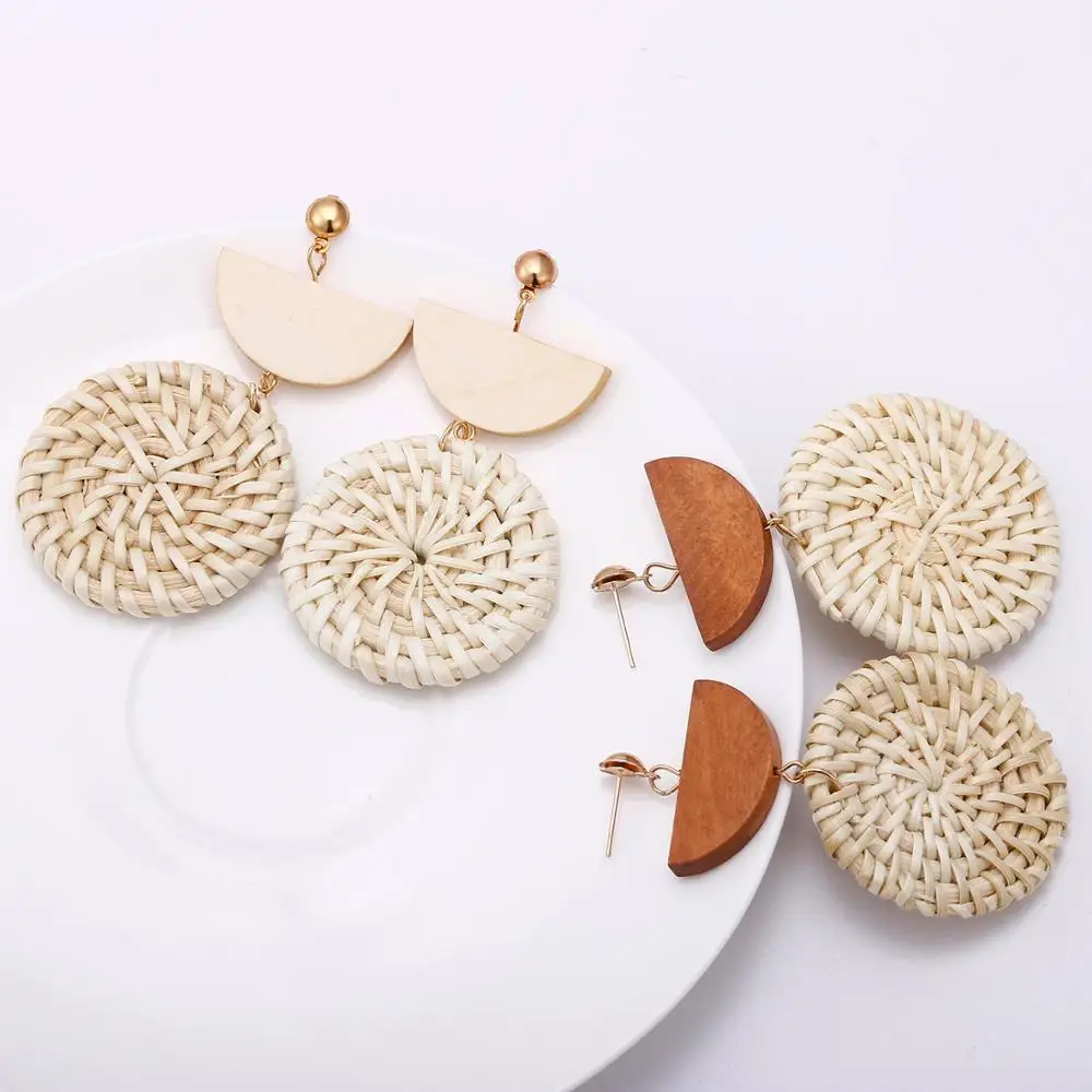 

Handmade Geometric Rattan Weave Round Drop Earring For Women Girl Summer Beach Bohemia Rattan Knit Wooden Earring Jewelry Gifts