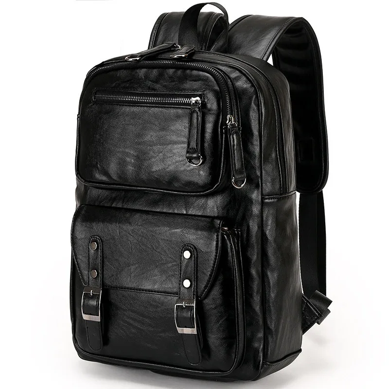 New Men's PU Leather Solid Business Backpack Fashion Casual Travel High ...