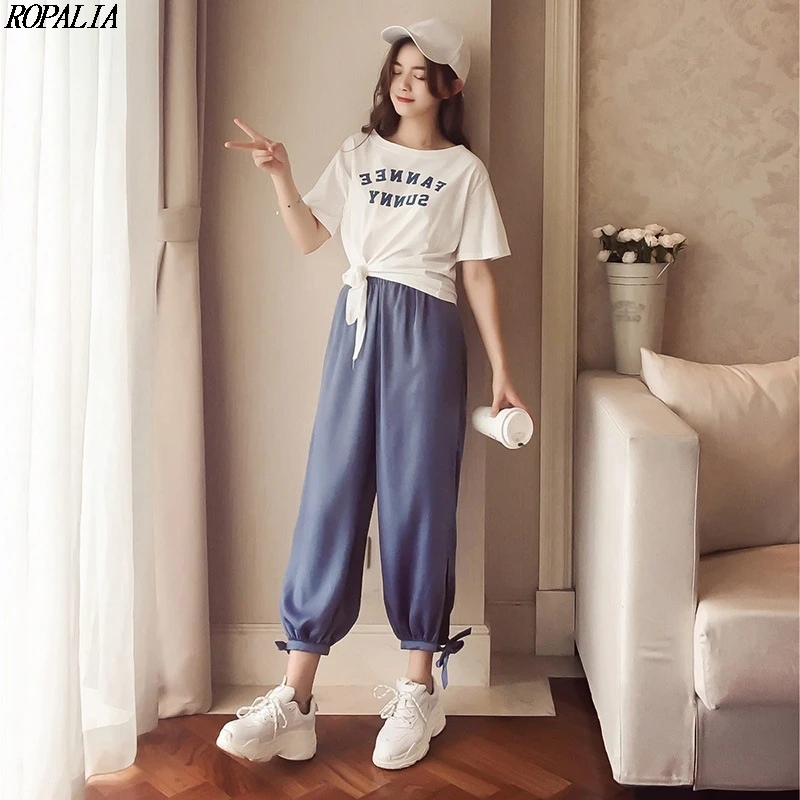 

2 Pieces Sets Women Short Sleeves O-Neck Letter Print Pullover T-shirt + Solid Ankle-Length Elastic Waist Pants