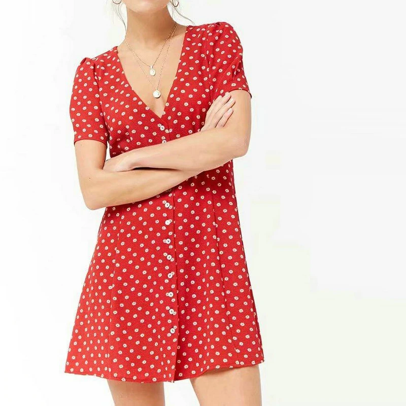 summer dresses for women flower print french dress v neck red mini