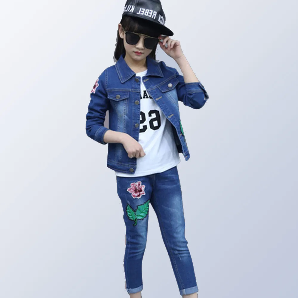 

Teen Girl Autumn Denim Clothes Set Child Girls Clothing Embroidery Flower Jacket+Jeans 2 Pcs Fashion 4 6 8 10 12 14 Years Old