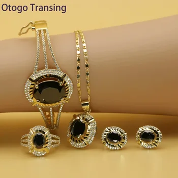 

Otogo Transing 2019 Party Gold Color Jewelry Set Women Fashion Charm Black Crystal Ring Earrings Necklace Bracelet Flower SET213
