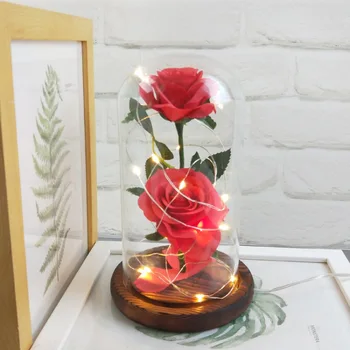 

Rose Enchanted Red Silk Rose and LED Lightin Glass ON/OFF Dome on a Wooden Warm White USB