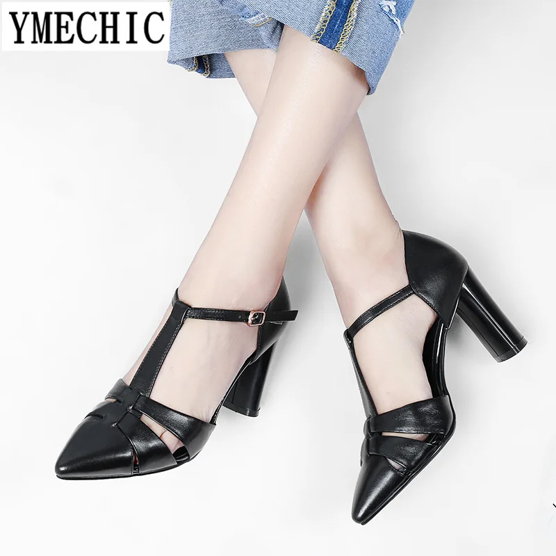 YMECHIC/женские модельные туфли с Т-образным ремешком и острым носком на высоком массивном каблуке; цвет коричневый, черный; женские туфли-лодочки в гладиаторском стиле с ремешком на щиколотке размера плюс