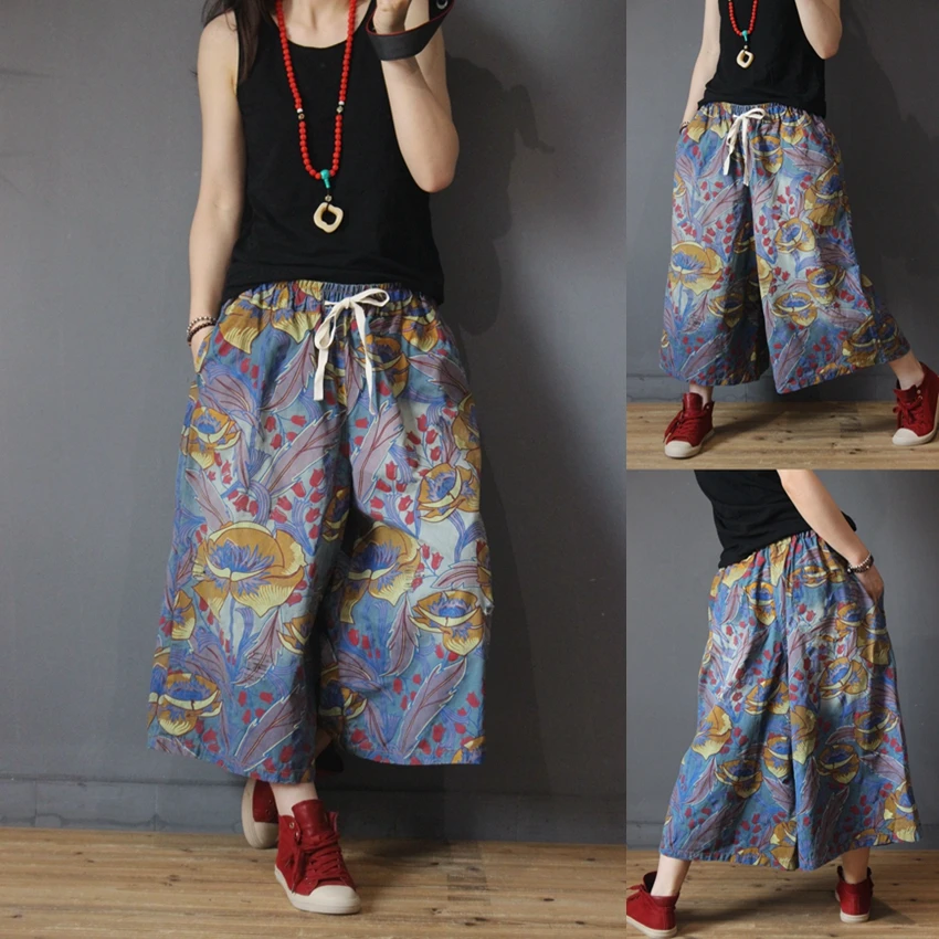 

Summer Women Comfortable Casual Loose Plus Size Vintage Artistic Print Elastic Waist Wide Leg Pants Trousers