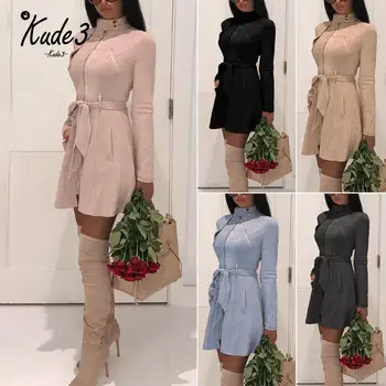 

Autumn Women's Casual sash suede trench coat Casual leather pocket long women autumn coat Winter warm outwear overcoat female