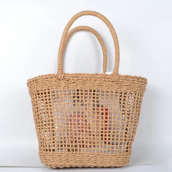 

LJL 37x25CM Simple And Generous No Decorative Plain Color Net Hollow Textured Woven Bag Popular Straw Bag Handbags(brown)