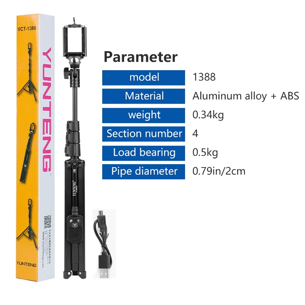 Yunteng 1388 селфи-палка держатель телефона с беспроводным Bluetooth пультом дистанционного управления Портативный штатив для смартфона Youtube Vlog