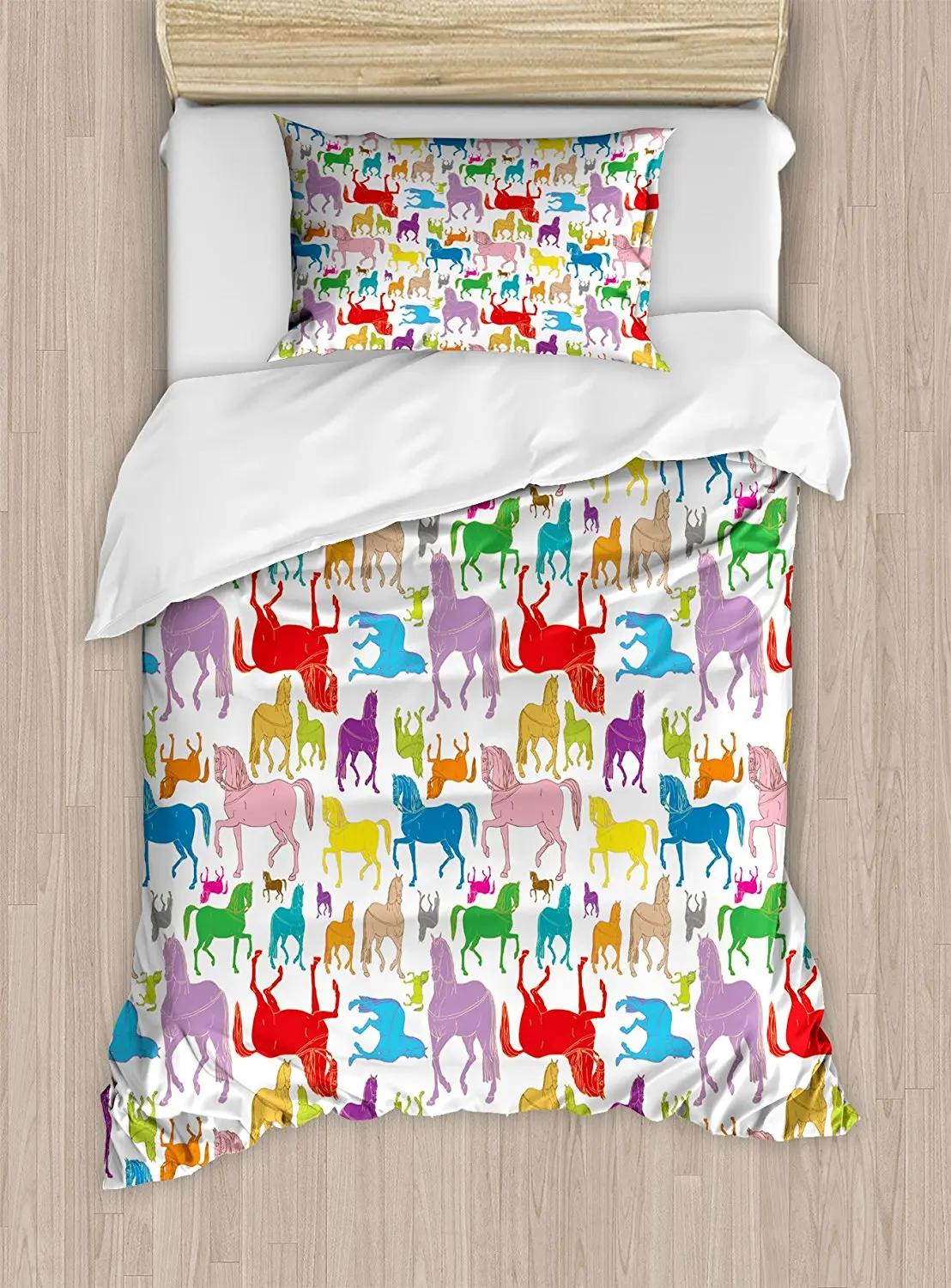 

Horses Duvet Cover Set Colorful Abstract Horse Silhouette Stallion Pattern Hand Drawn Wildlife Illustration,4 Piece Bedding Set