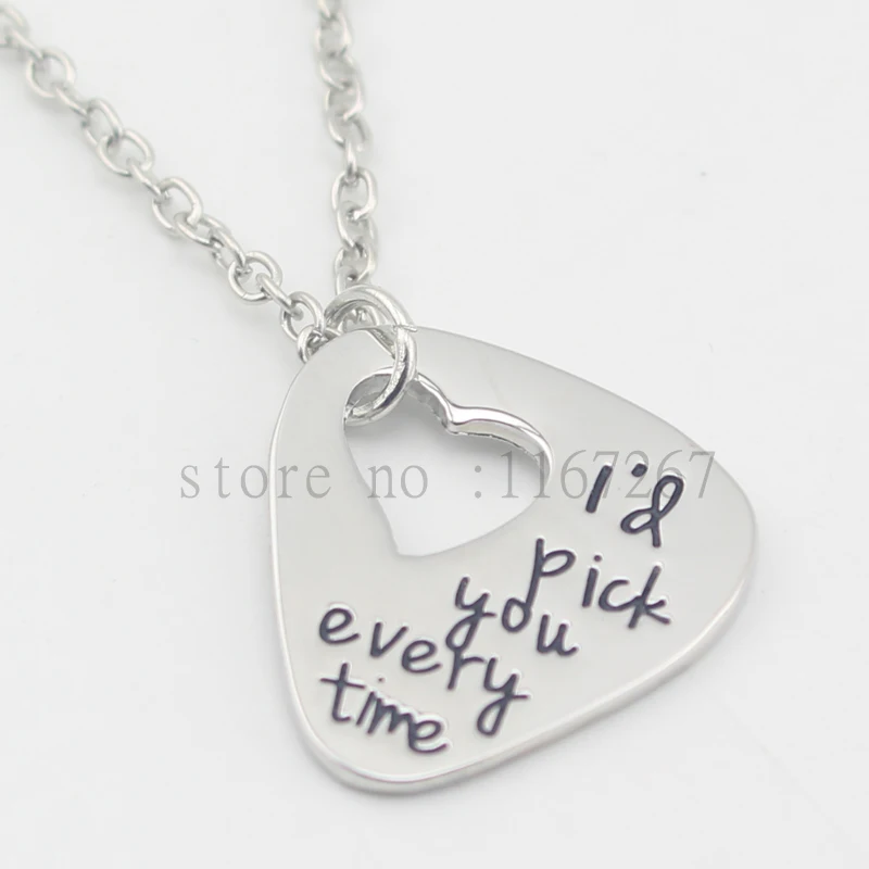 

2016 new Hand Stamped Guitar Pick "I'd pick you every time"necklace Anniversary Unique Gift for Boyfriend/Husband Jewelry