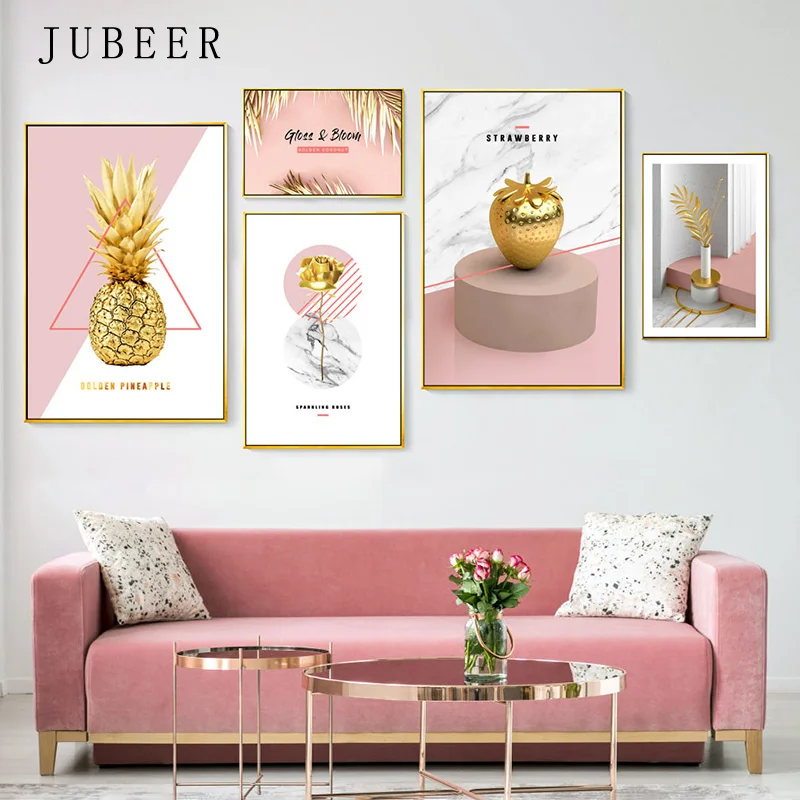 

Nordic Modern Minimalist Posters Pink Gold Plant Pineapple Decorative Painting Flowers Wall Art for Living Room Home Decor